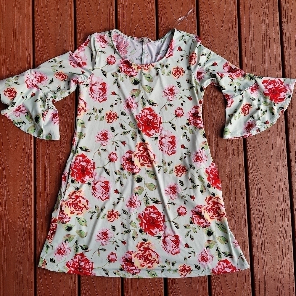 The Pioneer Woman Ruffle Knit Peasant Dress 3/4 Sleeves Pockets Green Floral Med
